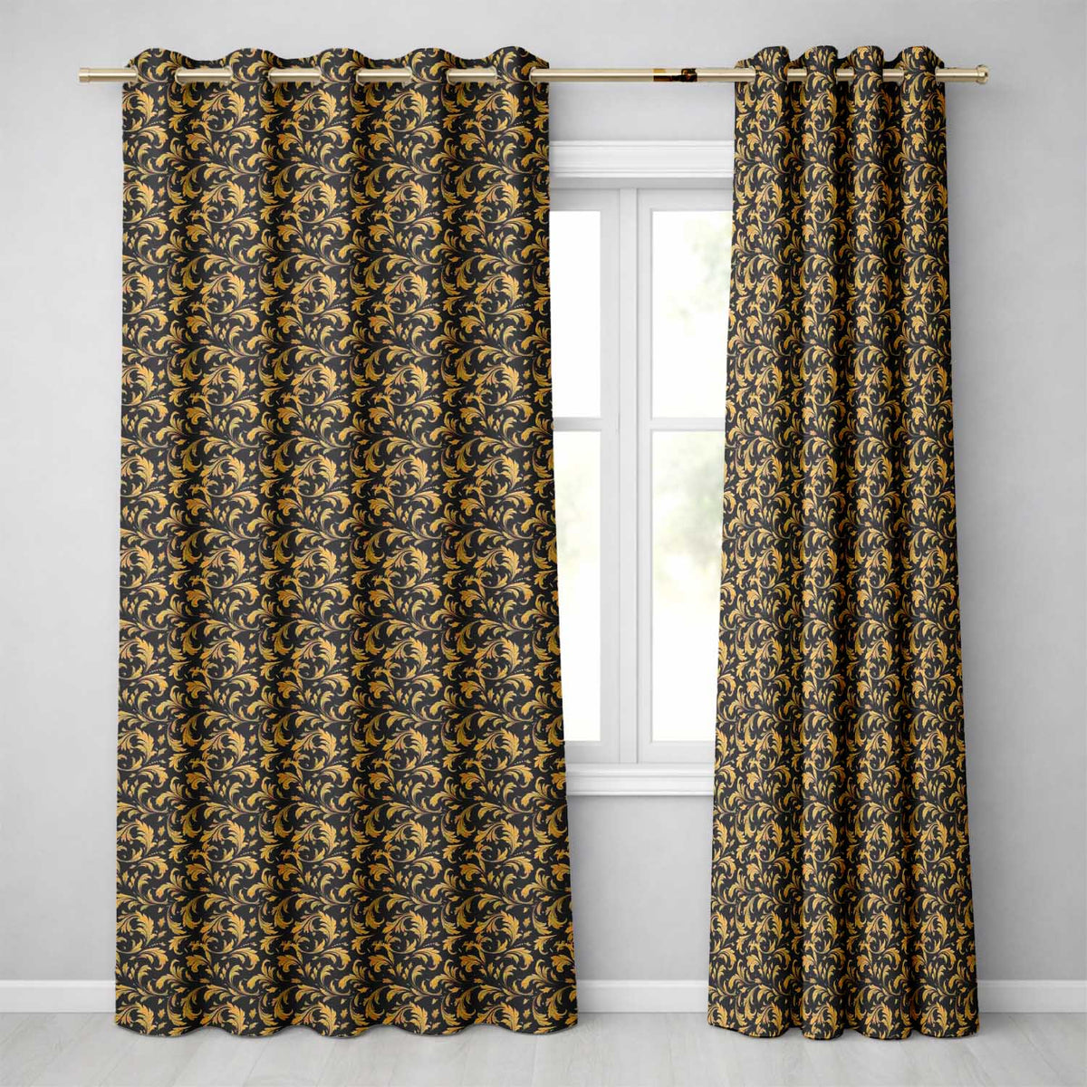 Golden Ornamental Baroque Seamless Classic Luxury Vintage Textile Design Readymade Eyelet Ring Top Thermal 100% Blackout Curtains