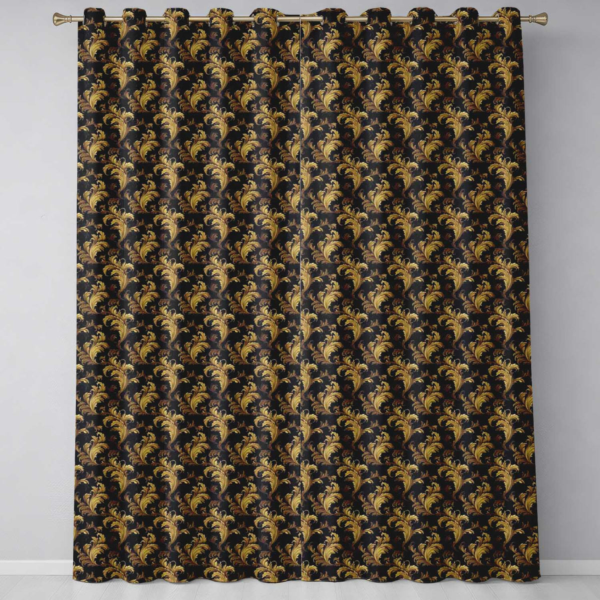 Black Gold Baroque Floral Seamless Luxury Vintage Ornamental Textile Readymade Eyelet Ring Top Thermal 100% Blackout Curtains