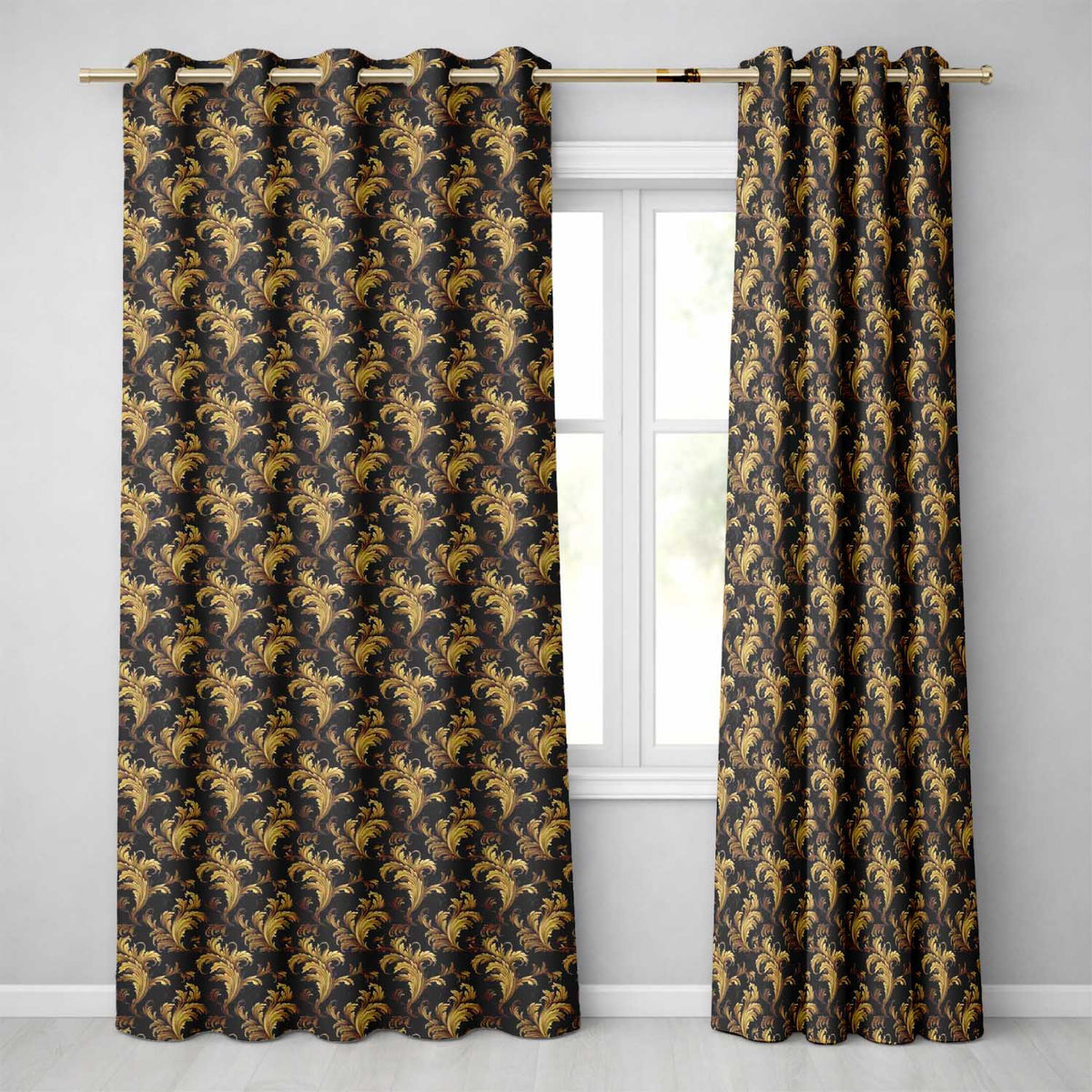 Black Gold Baroque Floral Seamless Luxury Vintage Ornamental Textile Readymade Eyelet Ring Top Thermal 100% Blackout Curtains