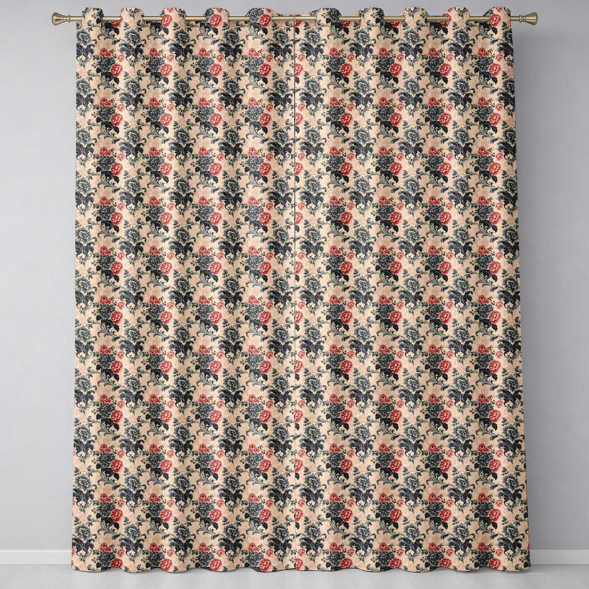 Blue Red Vintage Floral Seamless Classic Botanical Ornamental Design Readymade Eyelet Ring Top Thermal 100% Blackout Curtains