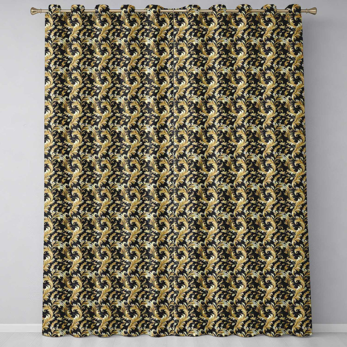 Classic Gold Black Baroque Seamless Elegant Luxury Ornamental Design Readymade Eyelet Ring Top Thermal 100% Blackout Curtains