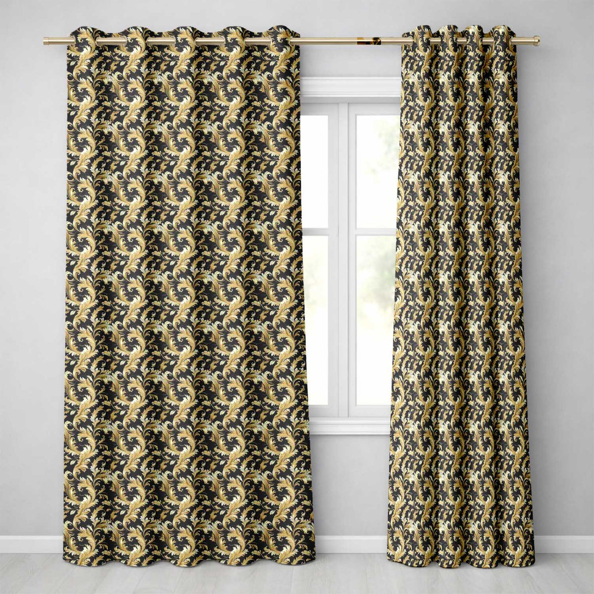 Classic Gold Black Baroque Seamless Elegant Luxury Ornamental Design Readymade Eyelet Ring Top Thermal 100% Blackout Curtains