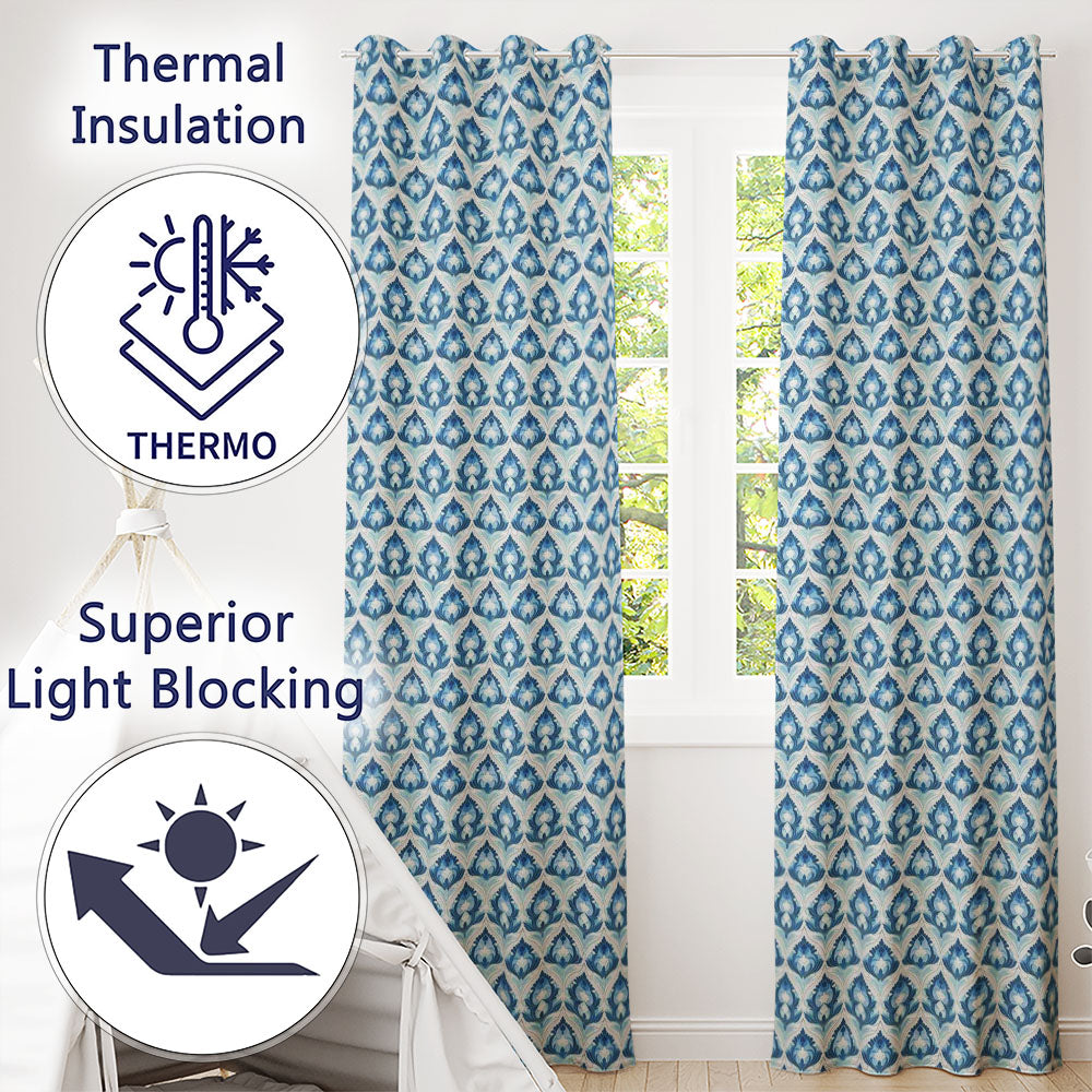 Blue Geometric Art Deco Seamless Symmetrical Decorative Design Readymade Eyelet Ring Top Thermal 100% Blackout Curtains