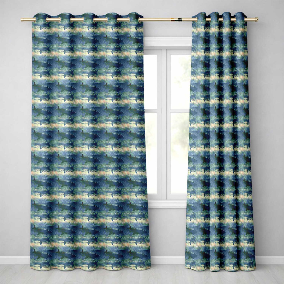 Vintage Ocean Whale Seamless Textured Marine Animal Design Readymade Eyelet Ring Top Thermal 100% Blackout Curtains