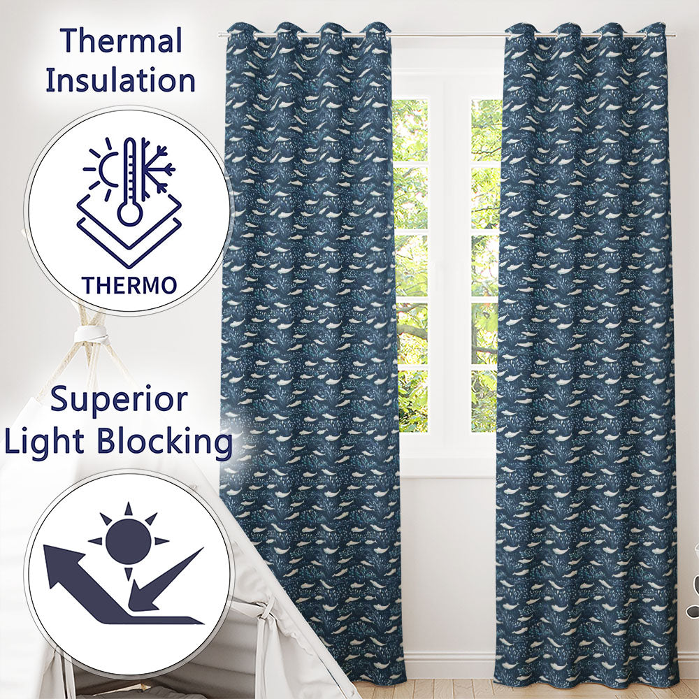 Blue Whale Seamless Marine Animal Ocean Design Readymade Eyelet Ring Top Thermal 100% Blackout Curtains