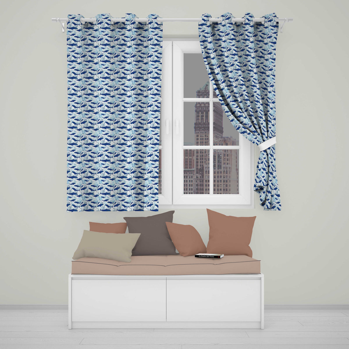 Beige Whale Ocean Seamless Soft Marine Life Illustration Design Readymade Eyelet Ring Top Thermal 100% Blackout Curtains