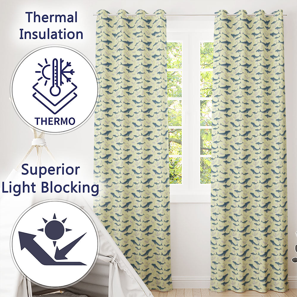 Nautical Whale Ship Seamless Vintage Ocean Maritime Design Readymade Eyelet Ring Top Thermal 100% Blackout Curtains