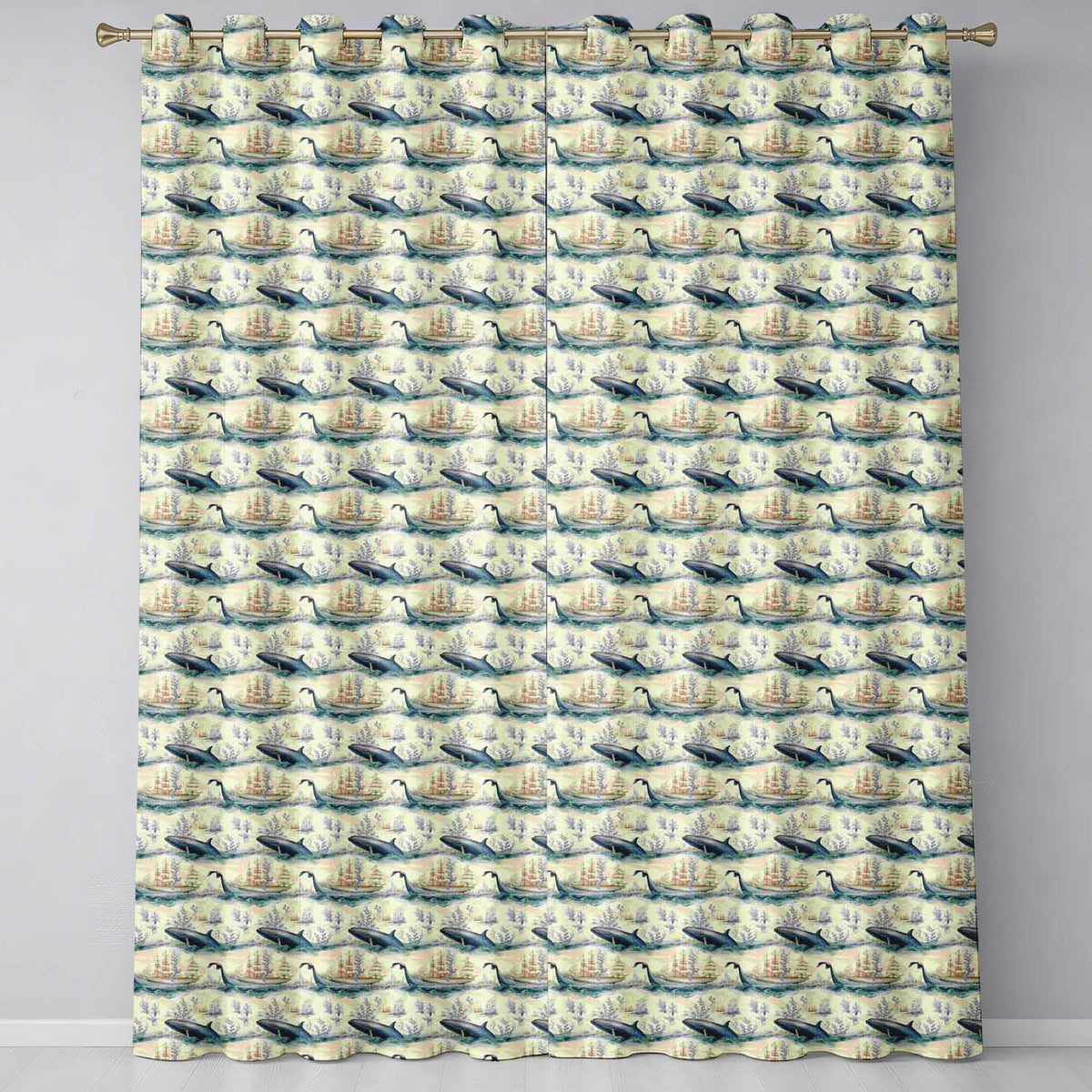 Watercolour Whale Seamless Soft Ocean Marine Animal Design Readymade Eyelet Ring Top Thermal 100% Blackout Curtains