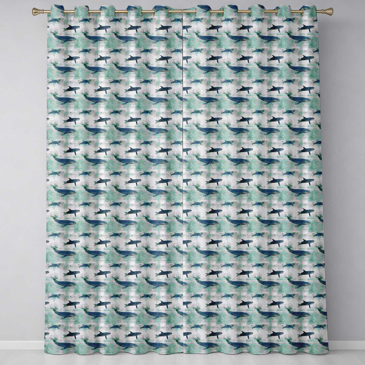 Blue Whale Seamless Ocean Marine Animal Silhouette Design Readymade Eyelet Ring Top Thermal 100% Blackout Curtains