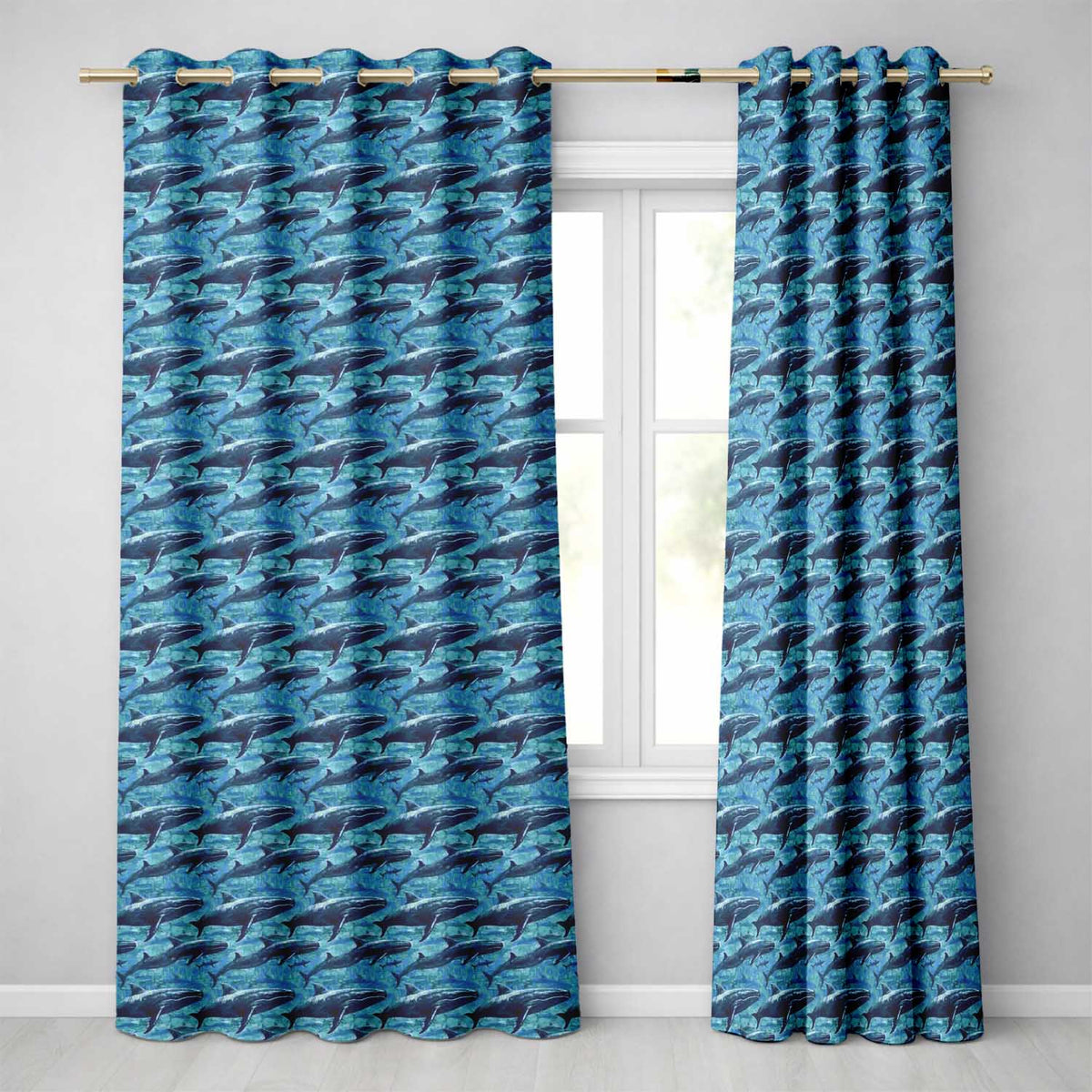 Deep Blue Whale Underwater Seamless Ocean Marine Design Readymade Eyelet Ring Top Thermal 100% Blackout Curtains