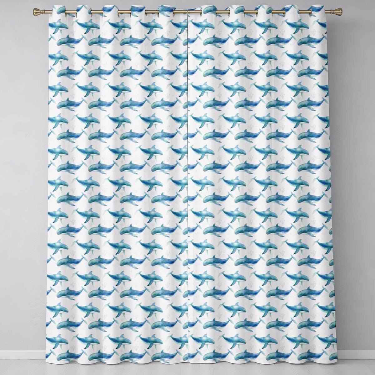 Watercolor Blue Beluga Whale Seamless Marine Ocean Design Readymade Eyelet Ring Top Thermal 100% Blackout Curtains