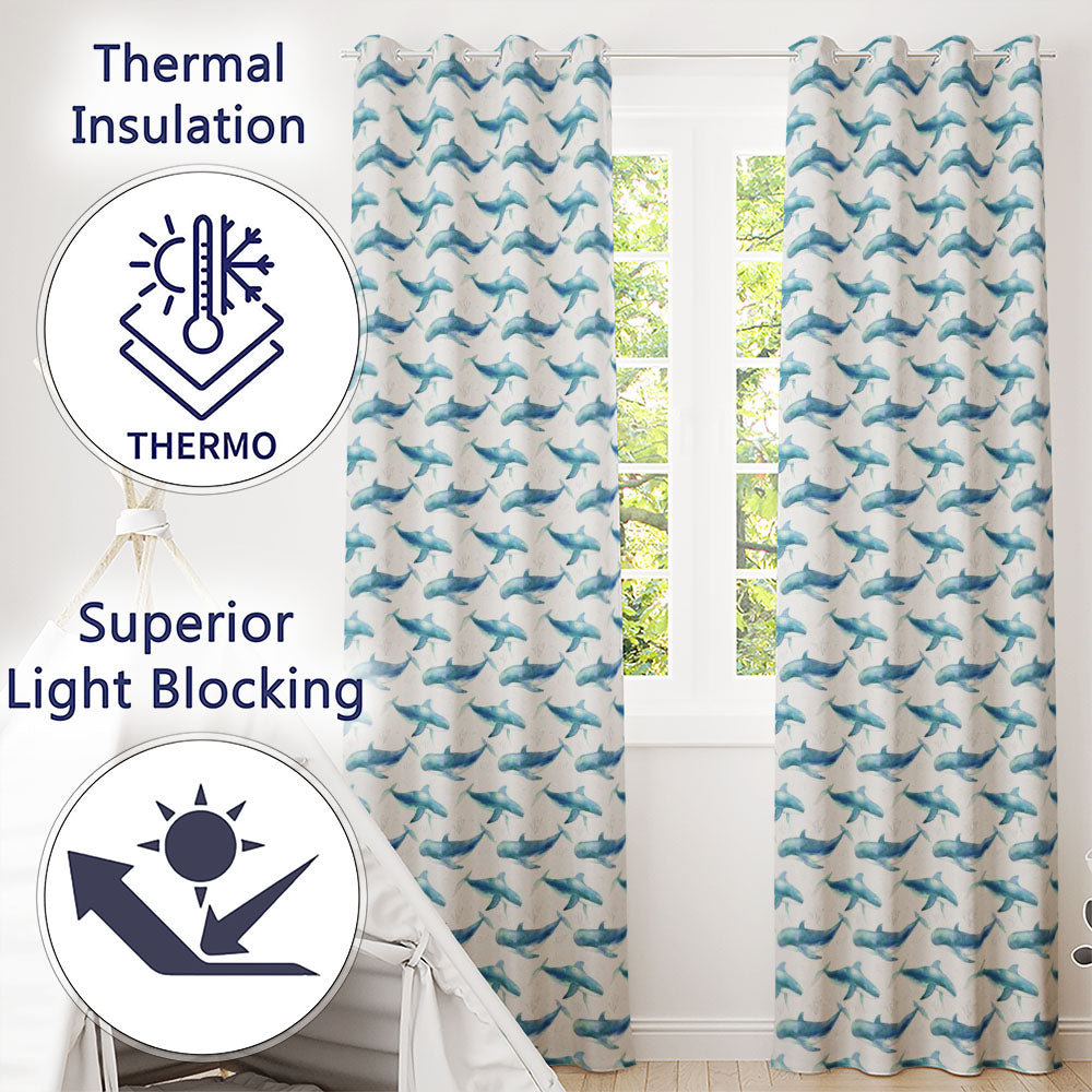 Watercolor Blue Beluga Whale Seamless Marine Ocean Design Readymade Eyelet Ring Top Thermal 100% Blackout Curtains