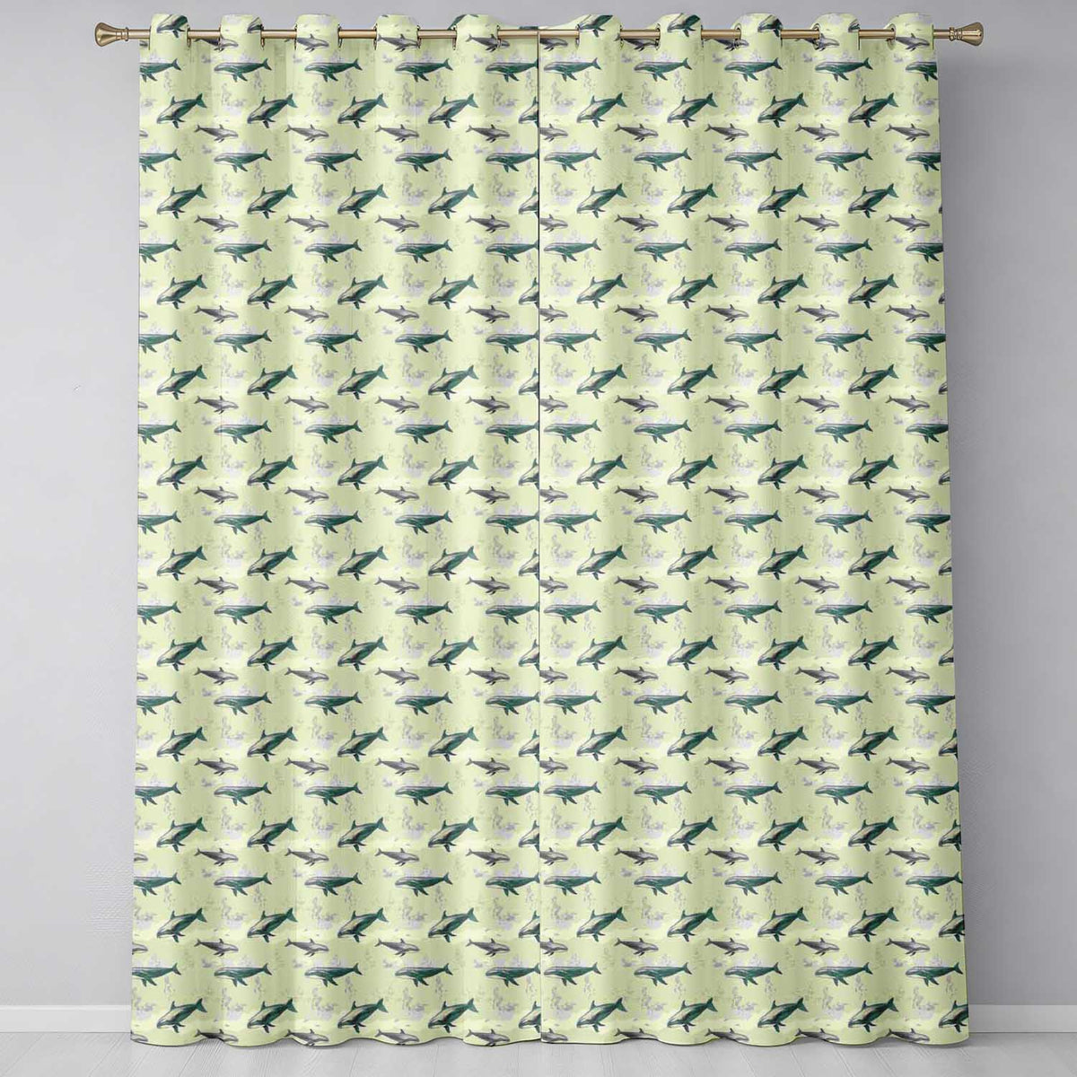 Vintage Whale Seamless Soft Beige Marine Animal Design Readymade Eyelet Ring Top Thermal 100% Blackout Curtains
