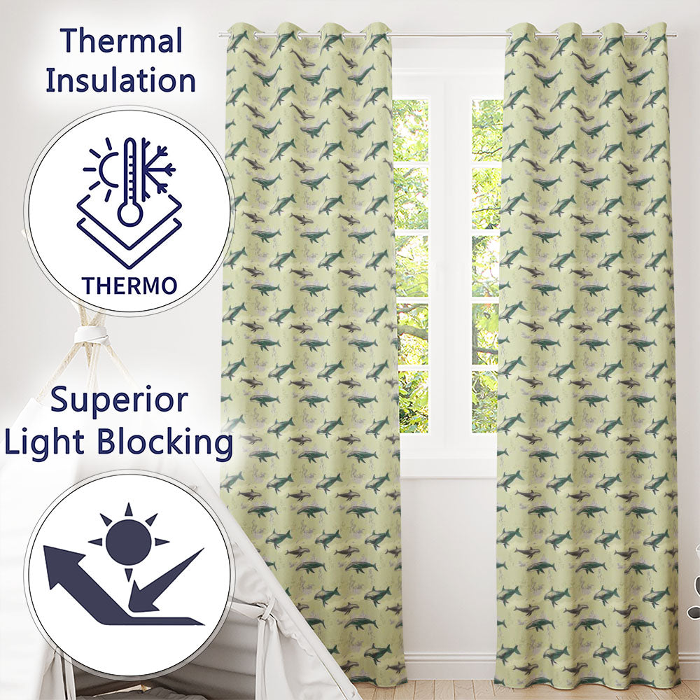 Vintage Whale Seamless Soft Beige Marine Animal Design Readymade Eyelet Ring Top Thermal 100% Blackout Curtains