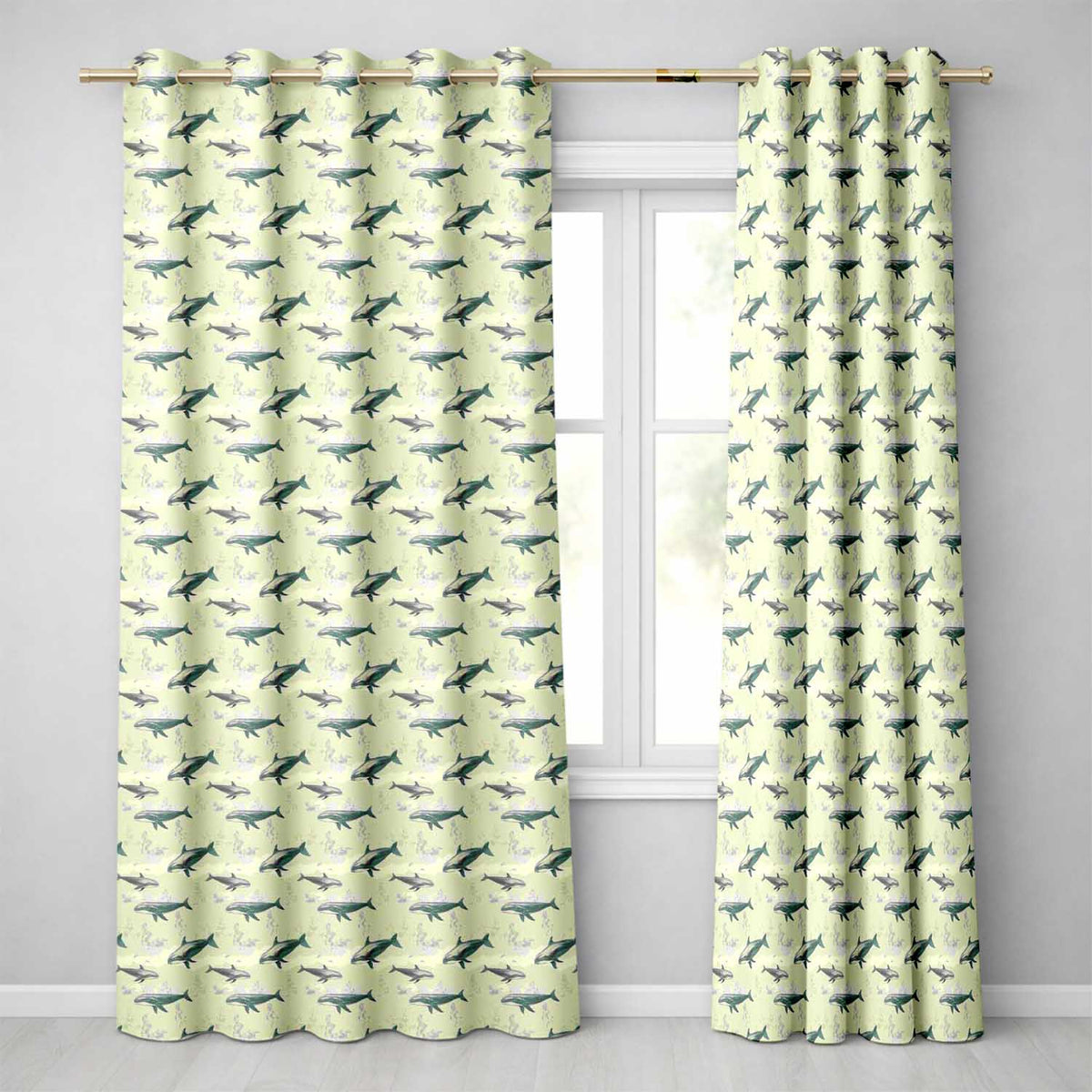 Vintage Whale Seamless Soft Beige Marine Animal Design Readymade Eyelet Ring Top Thermal 100% Blackout Curtains