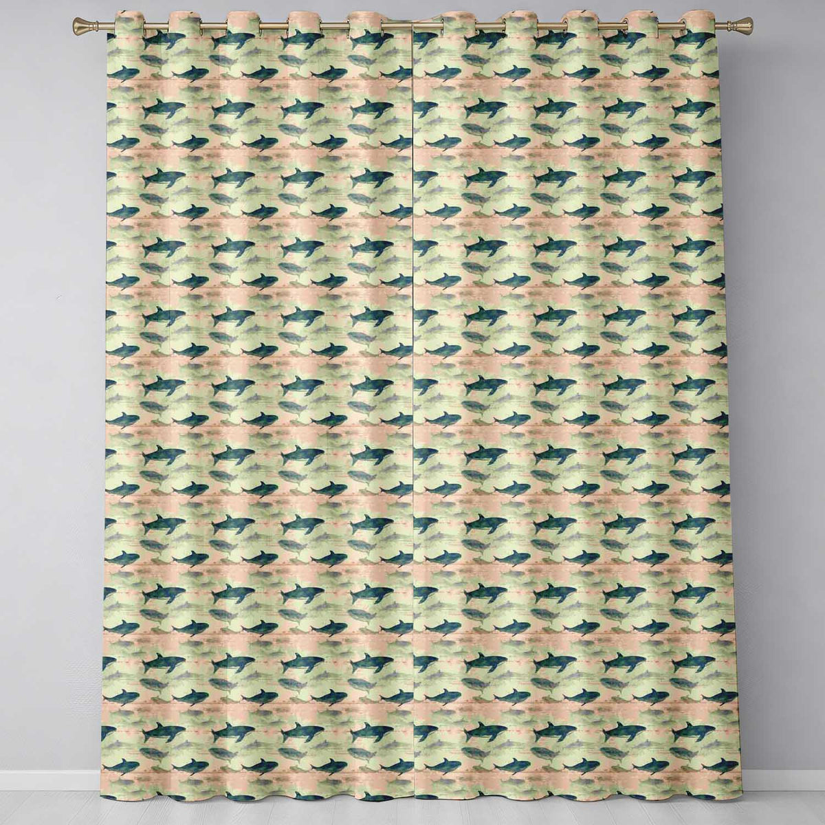 Ocean Whale Seamless Distressed Beige Marine Animal Design Readymade Eyelet Ring Top Thermal 100% Blackout Curtains