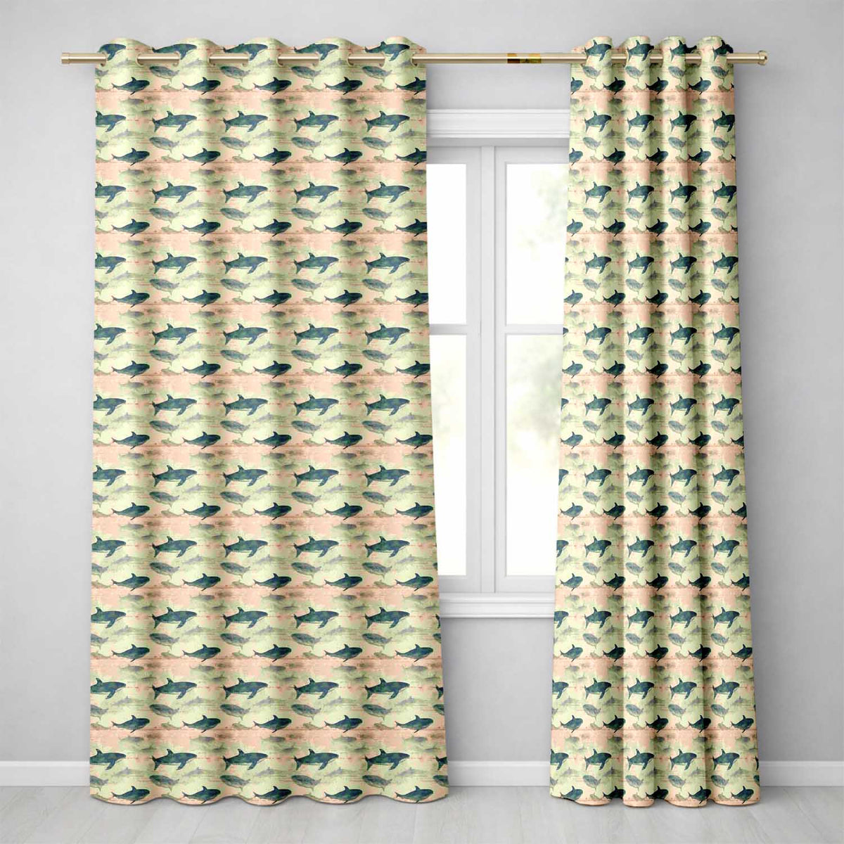 Ocean Whale Seamless Distressed Beige Marine Animal Design Readymade Eyelet Ring Top Thermal 100% Blackout Curtains