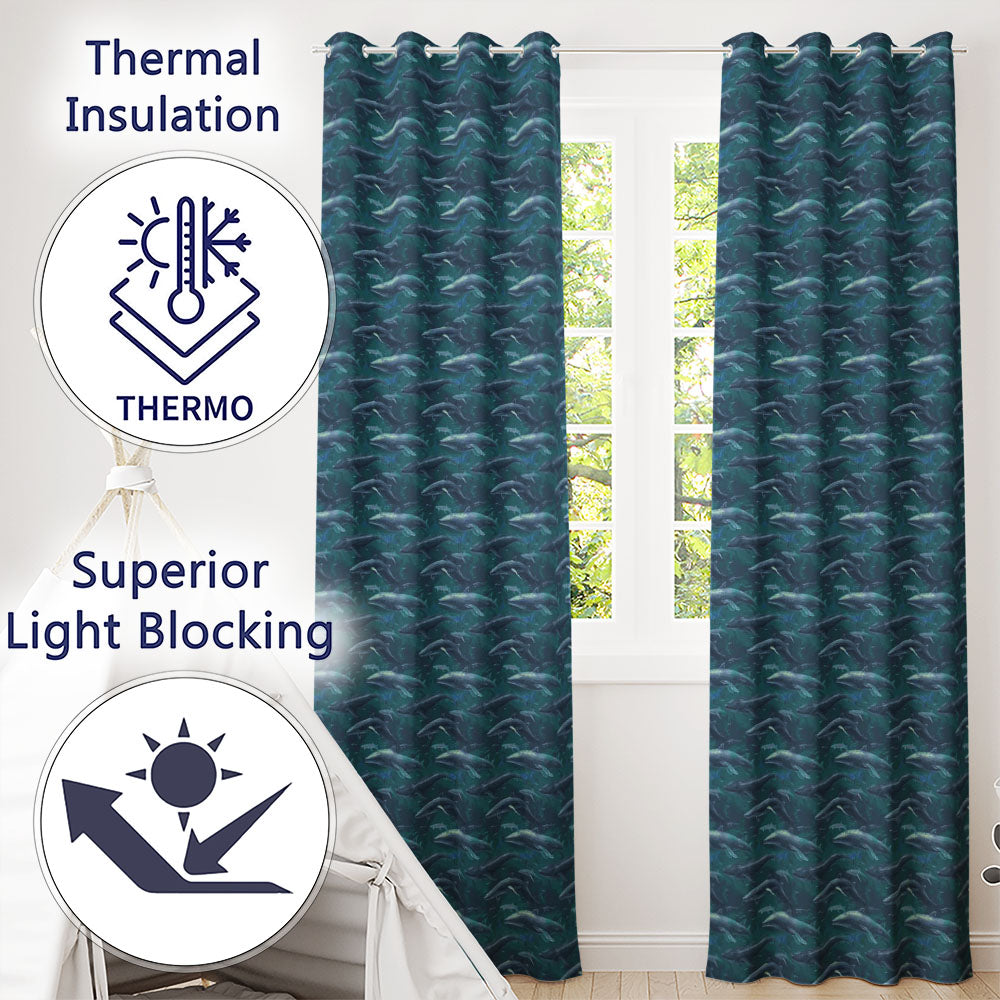 Deep Ocean Whale Seamless Blue Marine Animal Design Readymade Eyelet Ring Top Thermal 100% Blackout Curtains