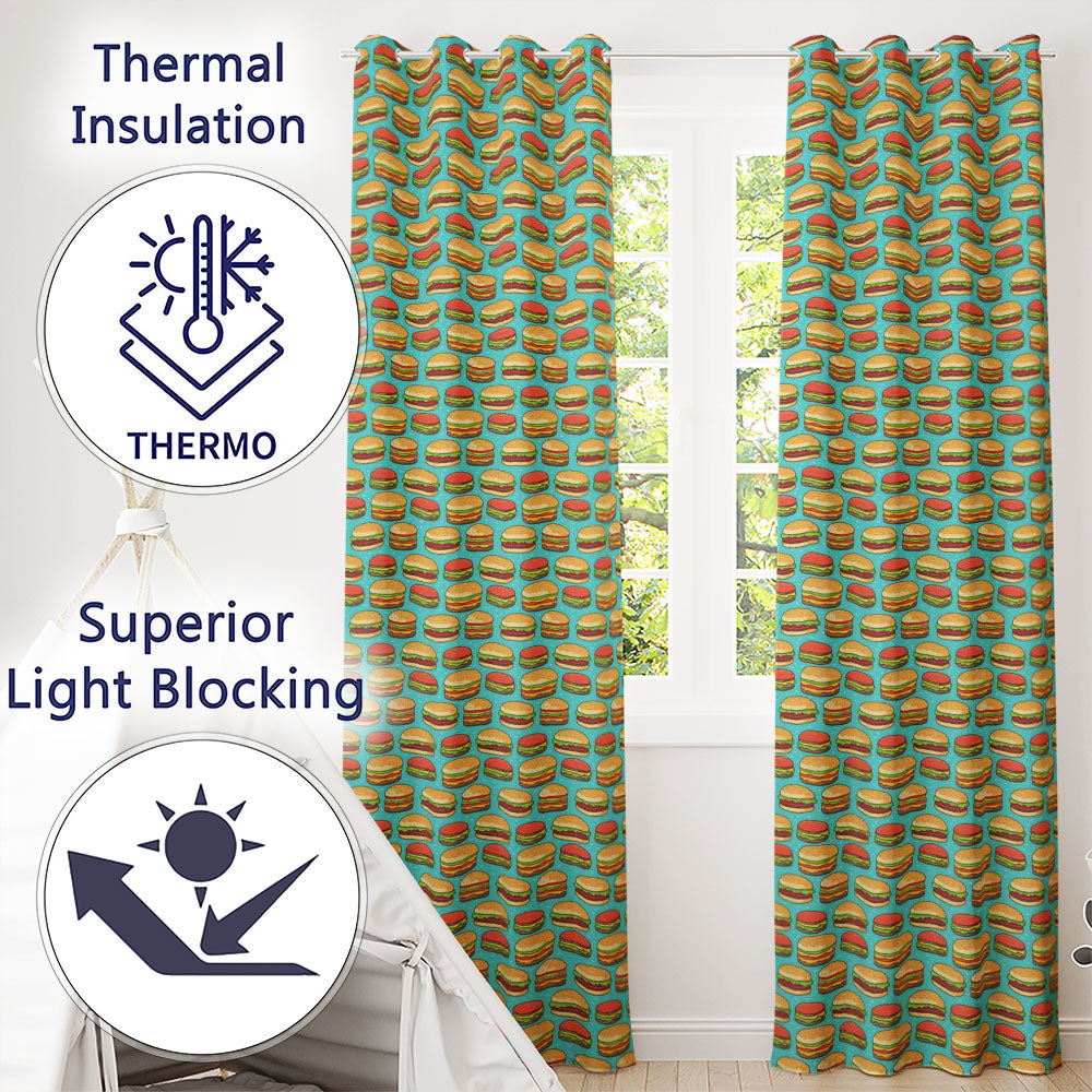 Burger Cartoon Seamless Blue Background Food Design Readymade Eyelet Ring Top Thermal 100% Blackout Curtains