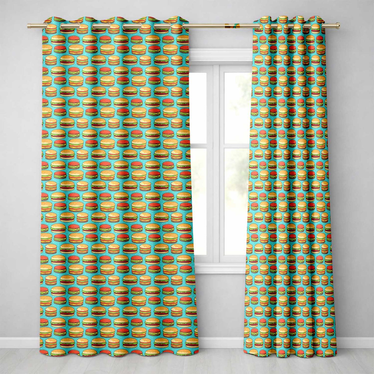 Burger Cartoon Seamless Blue Background Food Design Readymade Eyelet Ring Top Thermal 100% Blackout Curtains