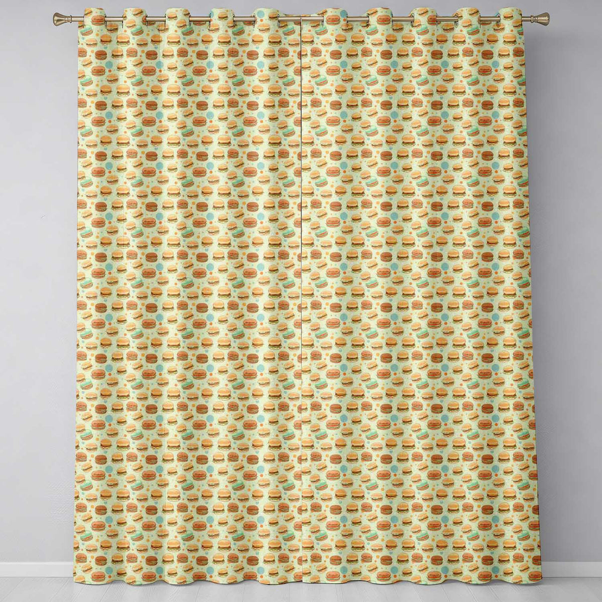 Mini Burger Seamless Mint Green Background Fast Food Design Readymade Eyelet Ring Top Thermal 100% Blackout Curtains