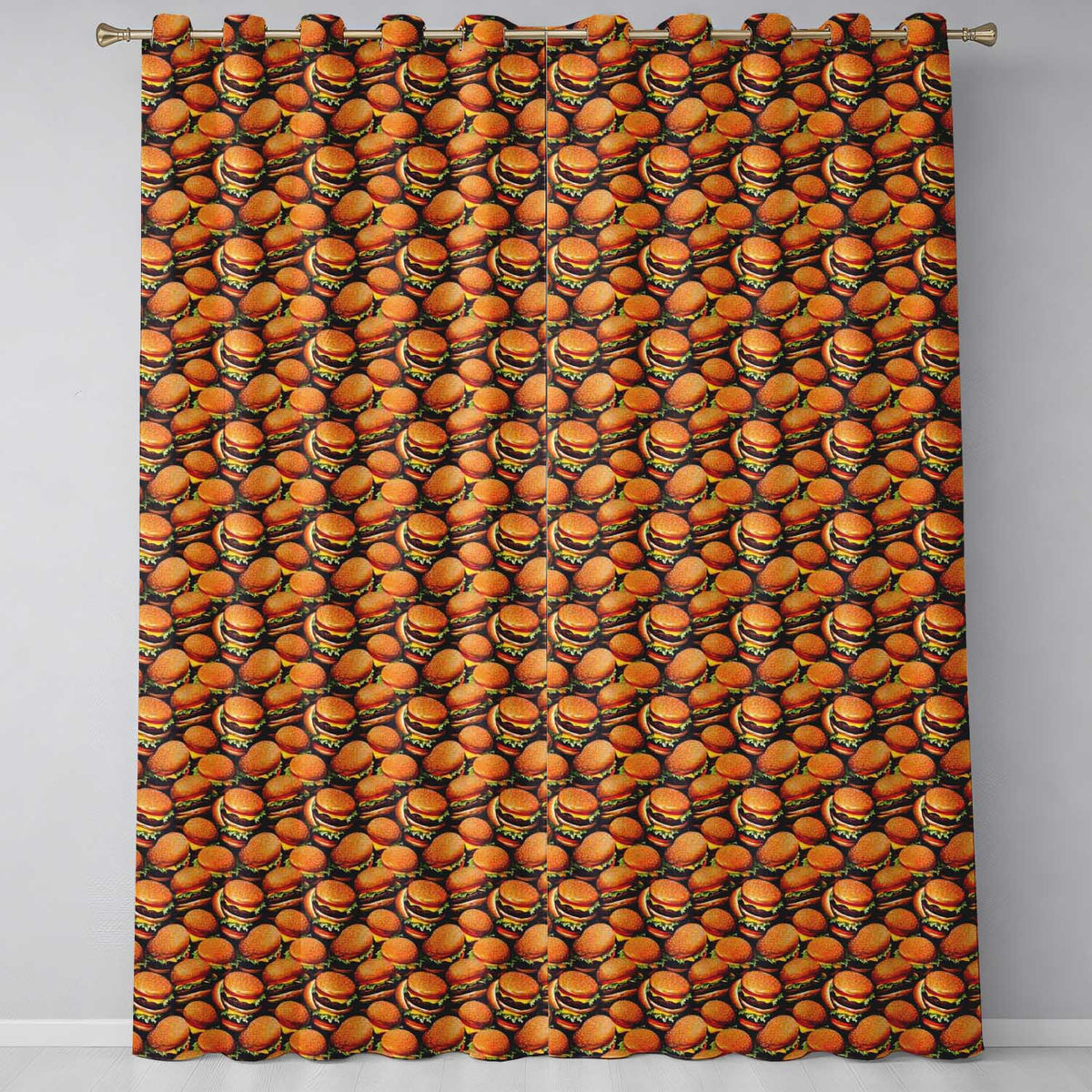 Glossy Realistic Cheeseburger Seamless Dark Background Fast Food Design Readymade Eyelet Ring Top Thermal 100% Blackout Curtains