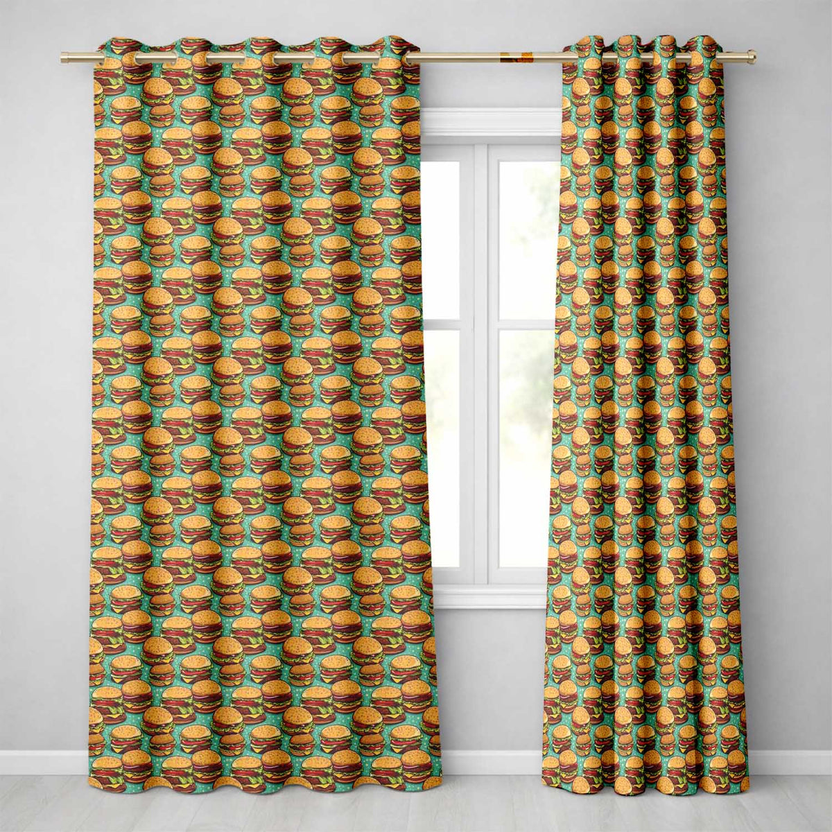 Cartoon Cheeseburger Teal Star Background Fast Food Design Readymade Eyelet Ring Top Thermal 100% Blackout Curtains