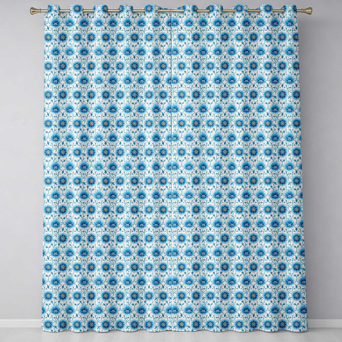 Blue Floral Vintage Seamless Elegant Botanical Design Readymade Eyelet Ring Top Thermal 100% Blackout Curtains