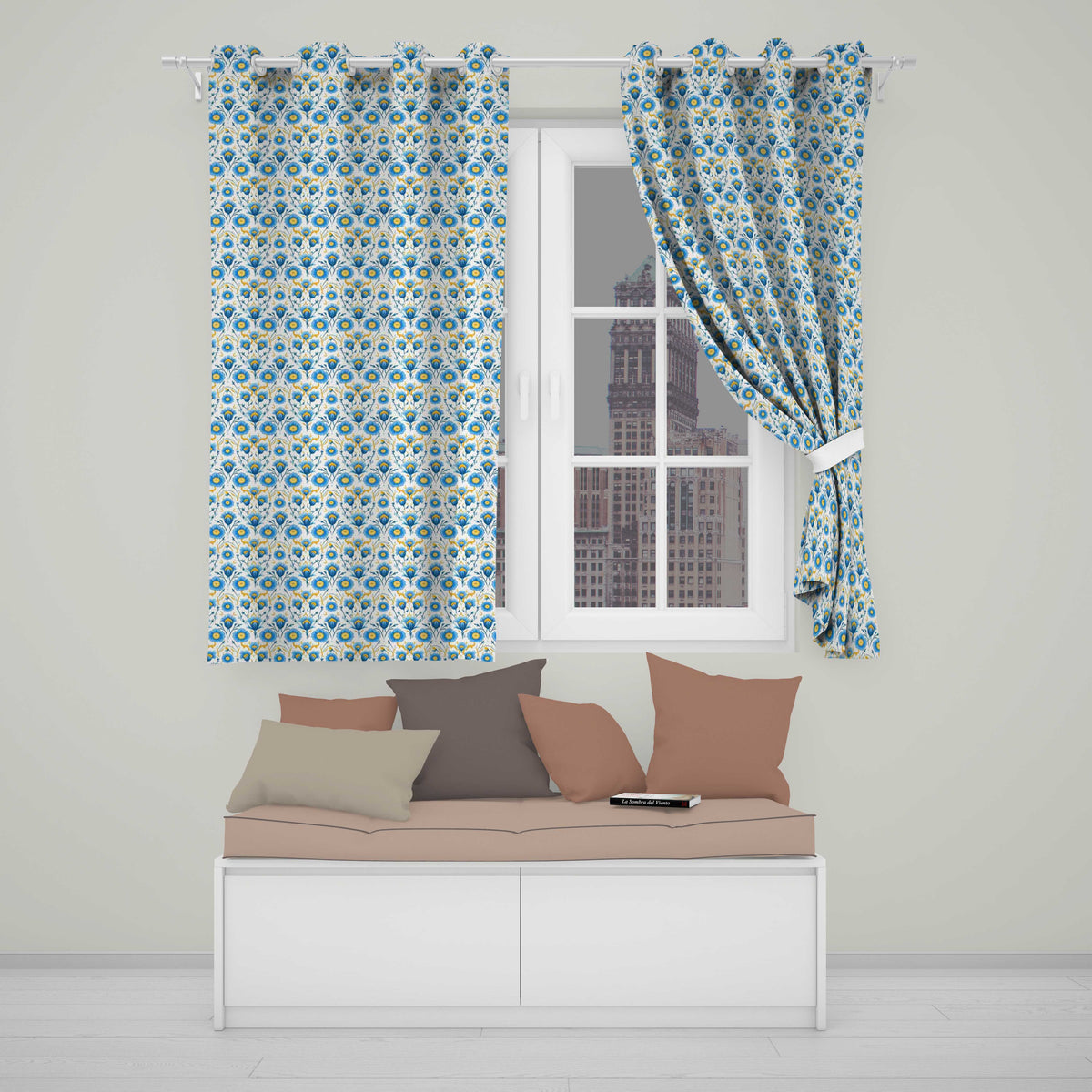 Blue Floral Ornamental Seamless Classic Botanical Design Readymade Eyelet Ring Top Thermal 100% Blackout Curtains