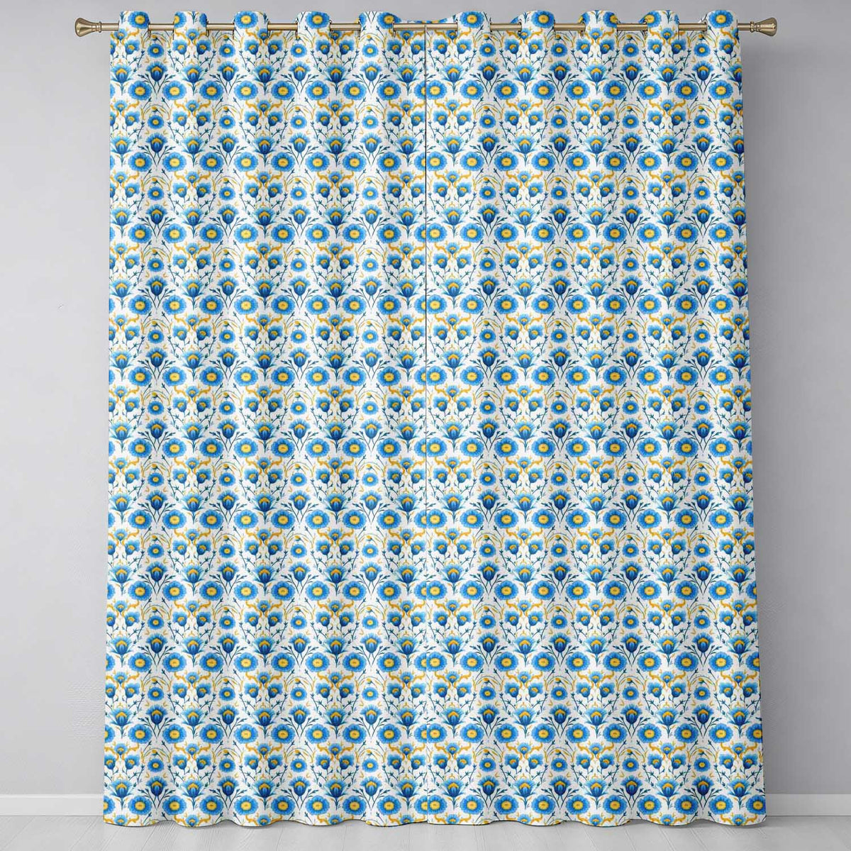 Blue Floral Ornamental Seamless Classic Botanical Design Readymade Eyelet Ring Top Thermal 100% Blackout Curtains