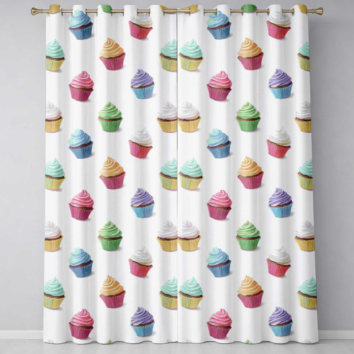 Hand Drawn Cupcake Seamless Pastel Dessert Illustration Readymade Eyelet Ring Top Thermal 100% Blackout Curtains