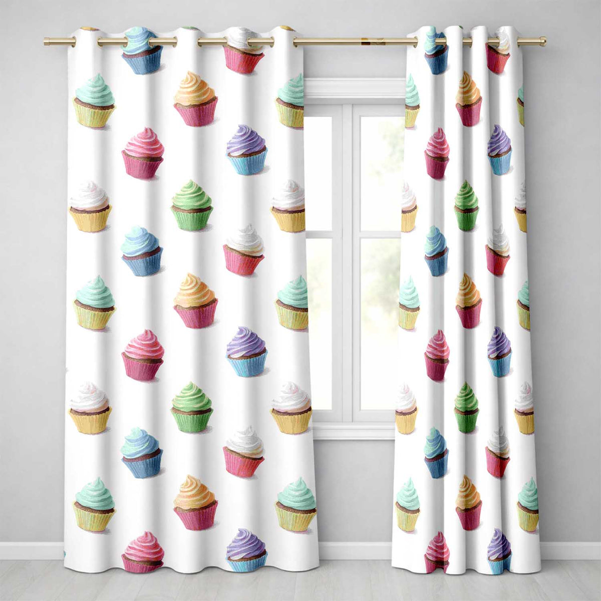 Hand Drawn Cupcake Seamless Pastel Dessert Illustration Readymade Eyelet Ring Top Thermal 100% Blackout Curtains