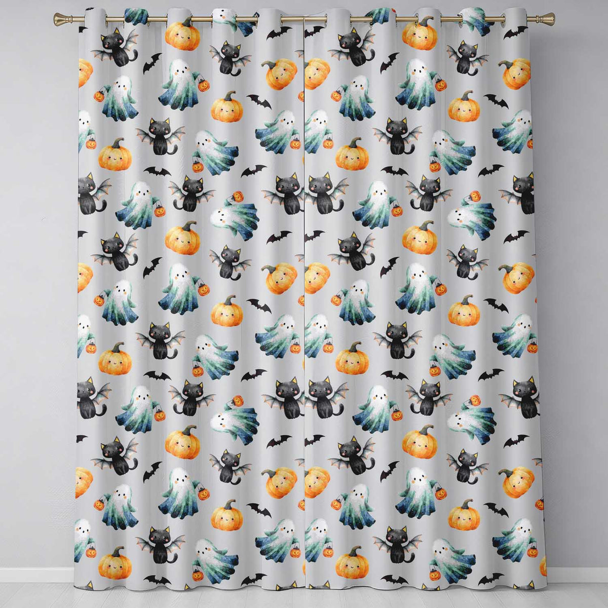 Halloween Ghost Pumpkin Cat Seamless Grey Spooky Design Readymade Eyelet Ring Top Thermal 100% Blackout Curtains