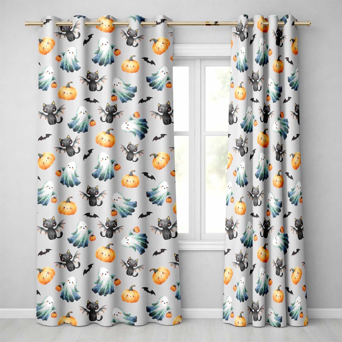 Halloween Ghost Pumpkin Cat Seamless Grey Spooky Design Readymade Eyelet Ring Top Thermal 100% Blackout Curtains