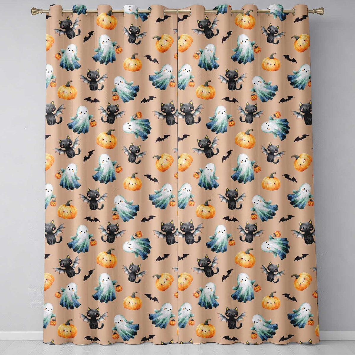 Halloween Ghost Pumpkin Cat Seamless Taupe Spooky Design Readymade Eyelet Ring Top Thermal 100% Blackout Curtains