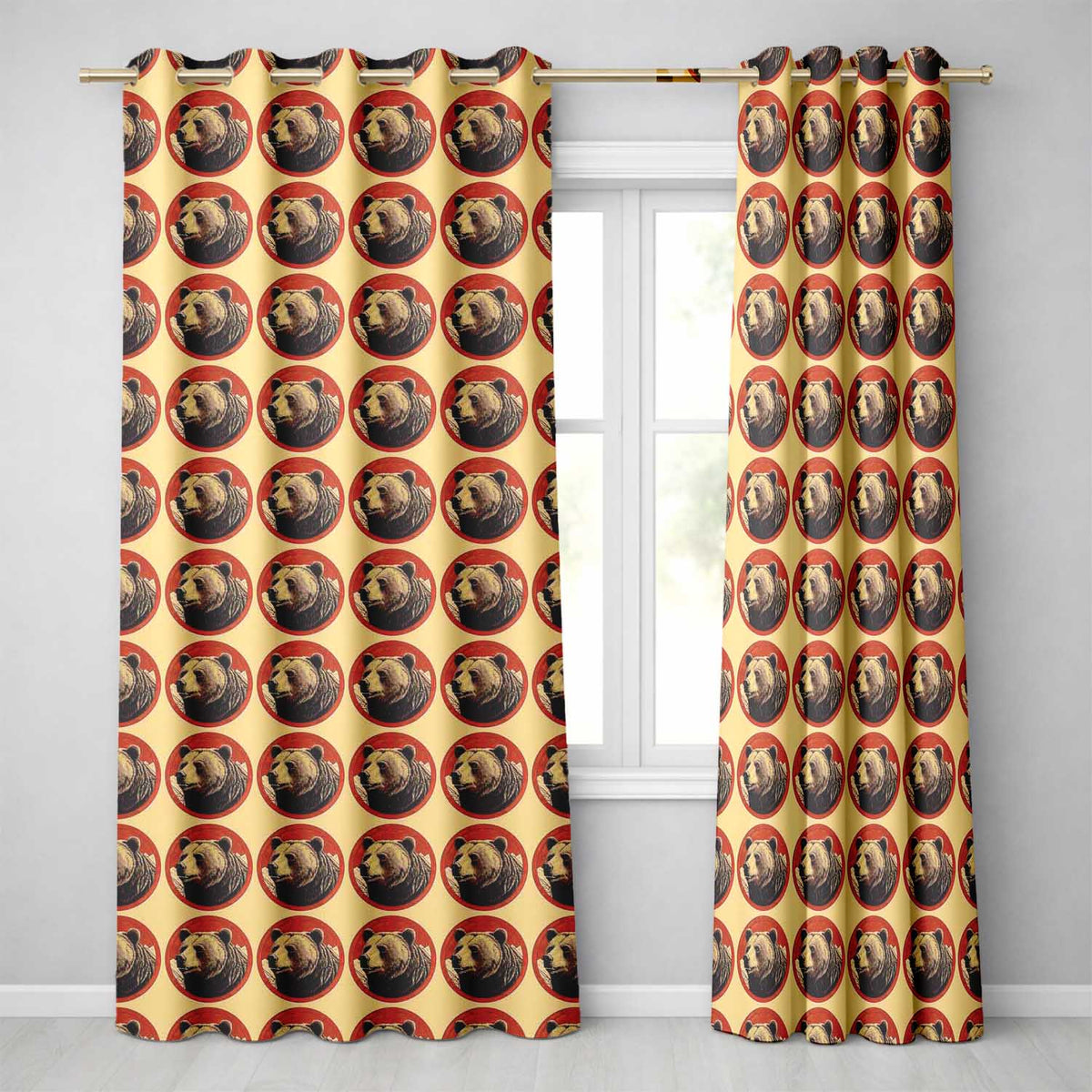 Bear Mountain Circle Seamless Rustic Woodland Wildlife Design Readymade Eyelet Ring Top Thermal 100% Blackout Curtains