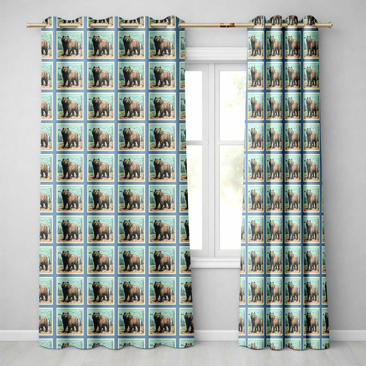 Bear Postage Stamp Seamless Vintage Woodland Wildlife Design Readymade Eyelet Ring Top Thermal 100% Blackout Curtains