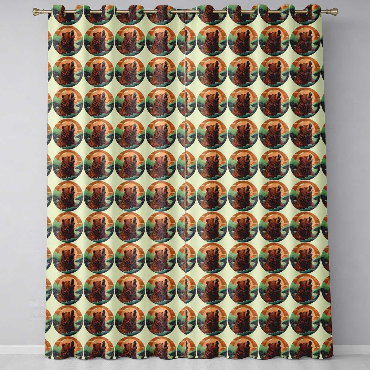 Roaring Bear Landscape Seamless Forest Wildlife Bold Design Readymade Eyelet Ring Top Thermal 100% Blackout Curtains
