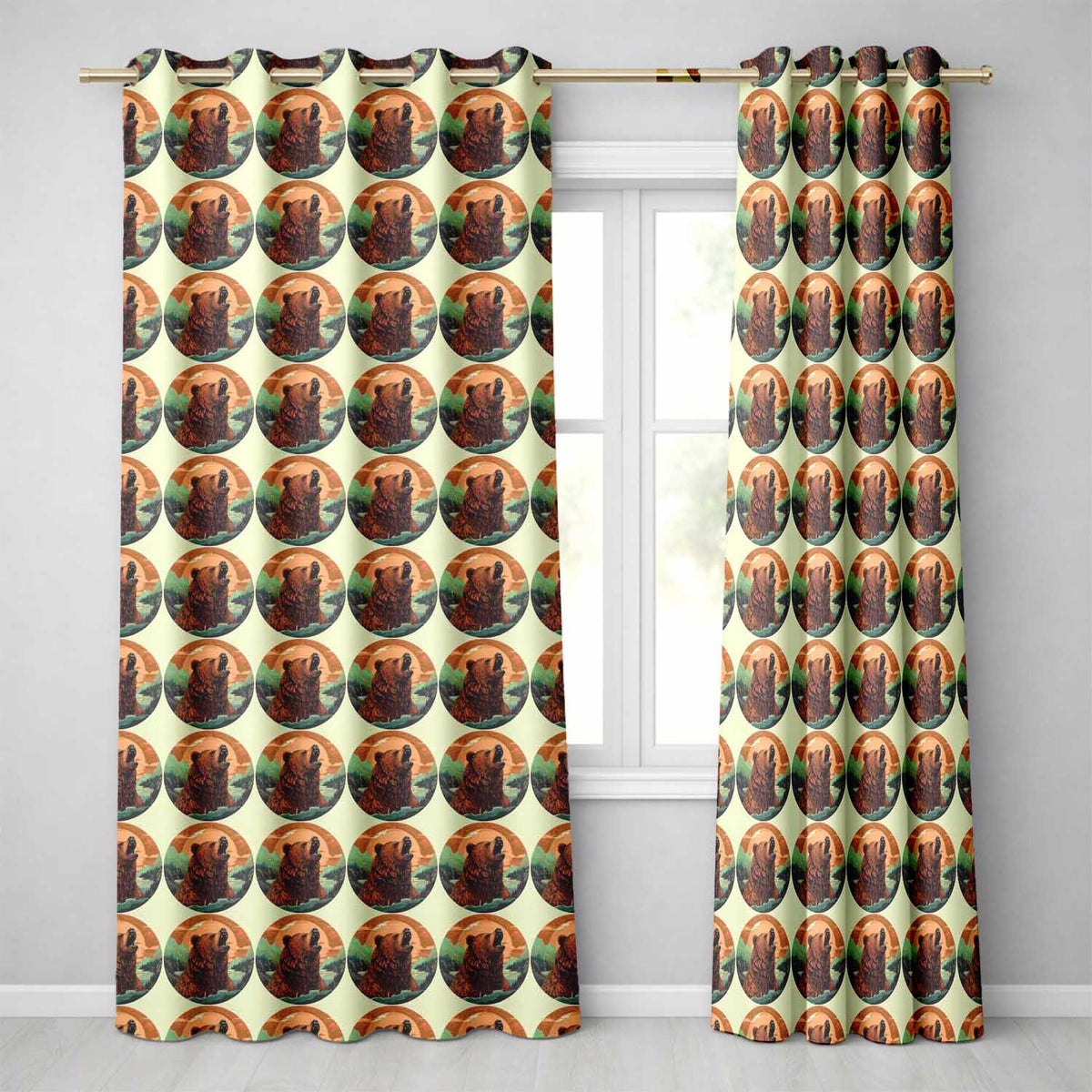 Roaring Bear Landscape Seamless Forest Wildlife Bold Design Readymade Eyelet Ring Top Thermal 100% Blackout Curtains