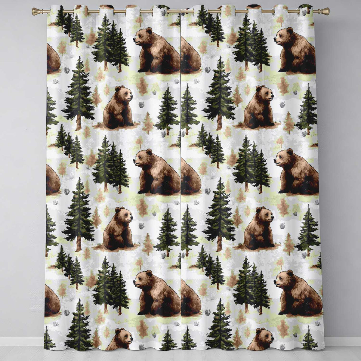Woodland Bear Forest Seamless Nature Wildlife Scenic Design Readymade Eyelet Ring Top Thermal 100% Blackout Curtains