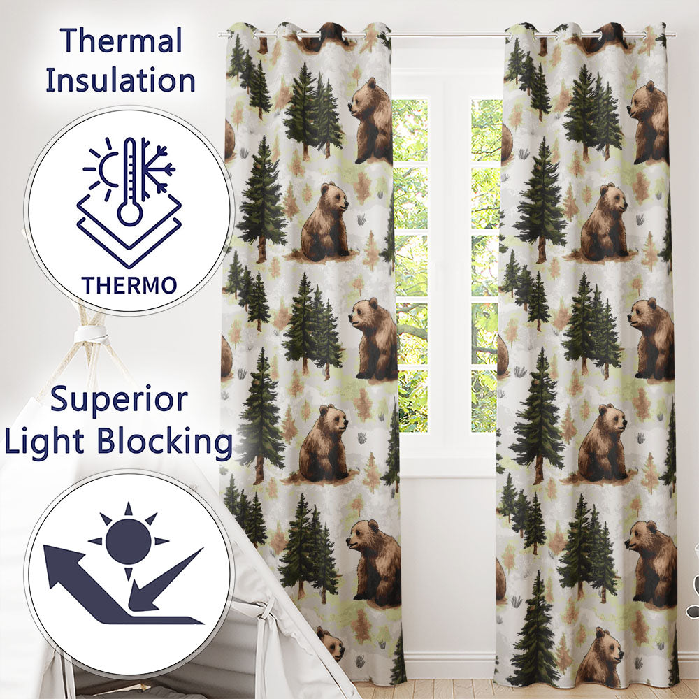 Woodland Bear Forest Seamless Nature Wildlife Scenic Design Readymade Eyelet Ring Top Thermal 100% Blackout Curtains