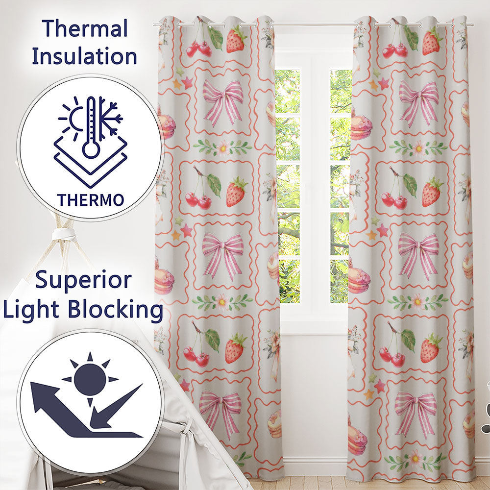 Strawberry Cherry Bow Seamless Pastel Coquette Design Readymade Eyelet Ring Top Thermal 100% Blackout Curtains