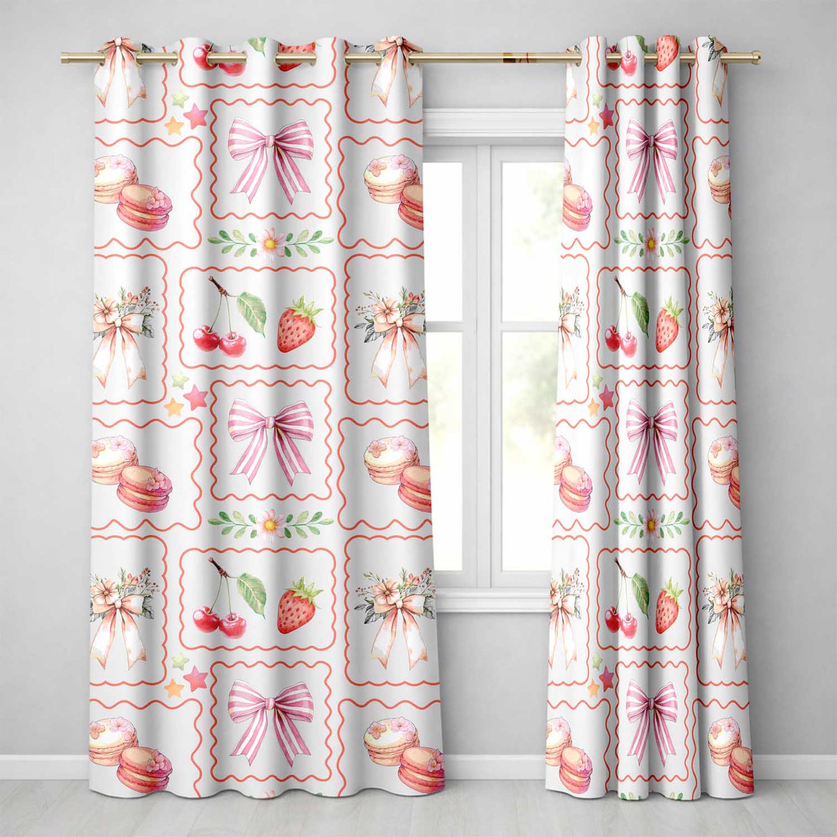 Strawberry Cherry Bow Seamless Pastel Coquette Design Readymade Eyelet Ring Top Thermal 100% Blackout Curtains