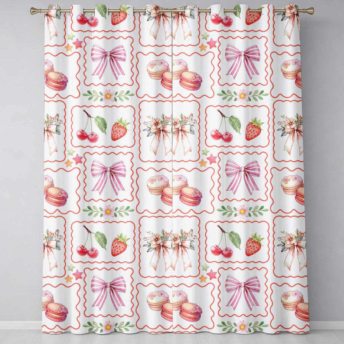 Strawberry Cherry Bow Seamless White Coquette Design Readymade Eyelet Ring Top Thermal 100% Blackout Curtains