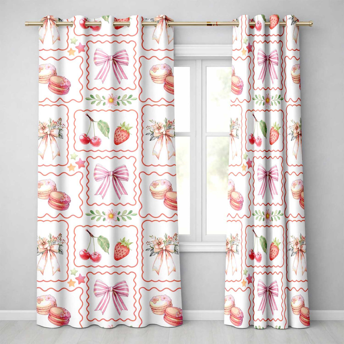 Strawberry Cherry Bow Seamless White Coquette Design Readymade Eyelet Ring Top Thermal 100% Blackout Curtains