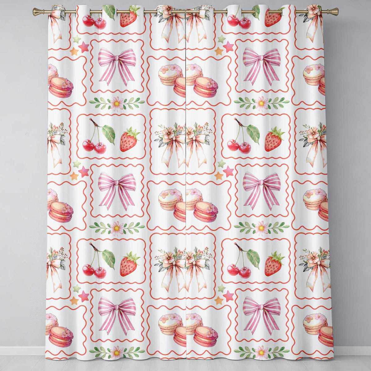 Strawberry Cherry Bow Seamless Grey Coquette Kawaii Design Readymade Eyelet Ring Top Thermal 100% Blackout Curtains