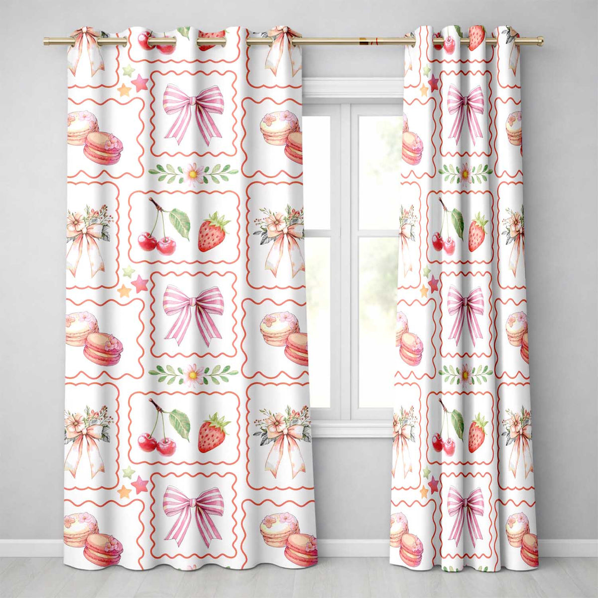 Strawberry Cherry Bow Seamless Grey Coquette Kawaii Design Readymade Eyelet Ring Top Thermal 100% Blackout Curtains