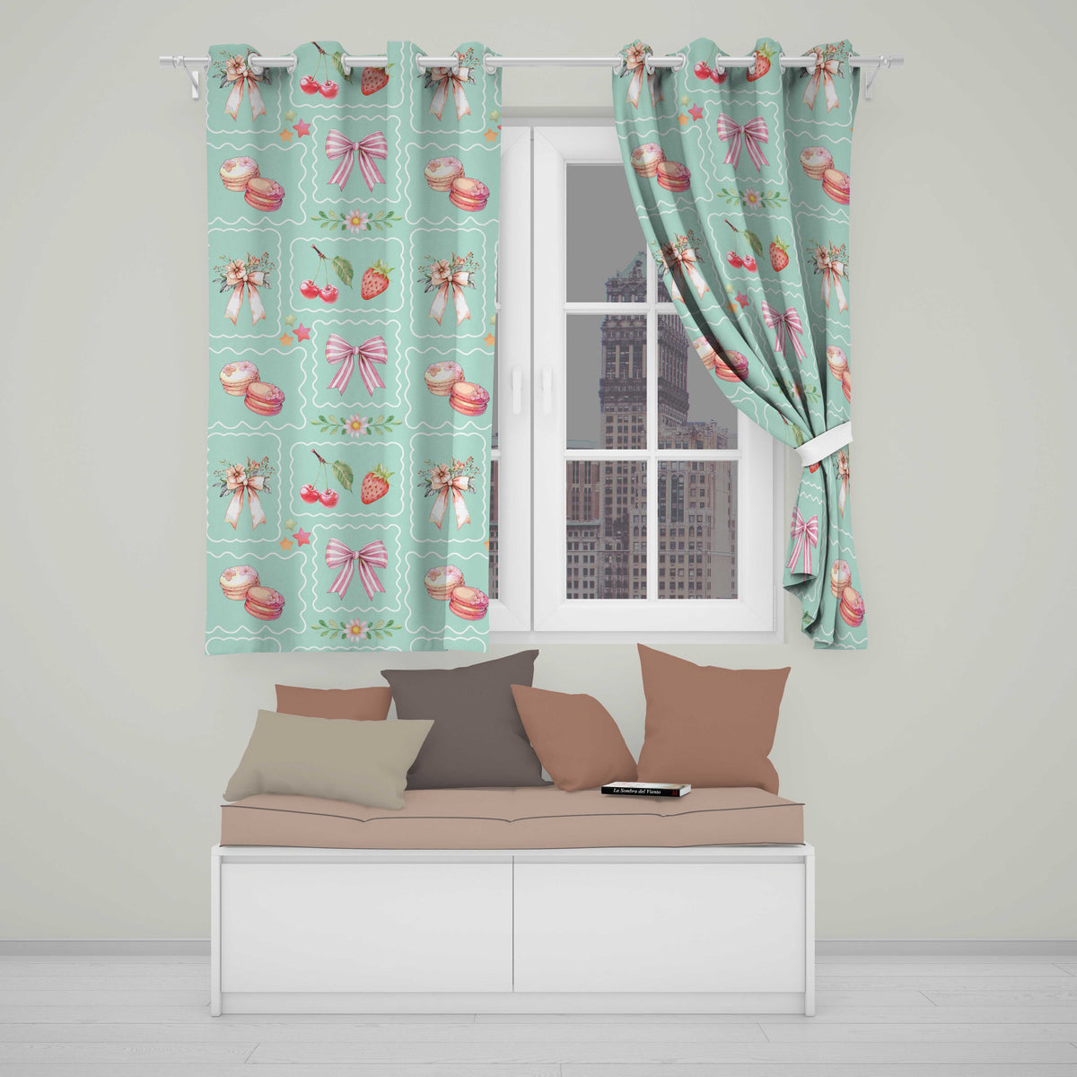Strawberry Cherry Bow Seamless Teal Frame Coquette Design Readymade Eyelet Ring Top Thermal 100% Blackout Curtains