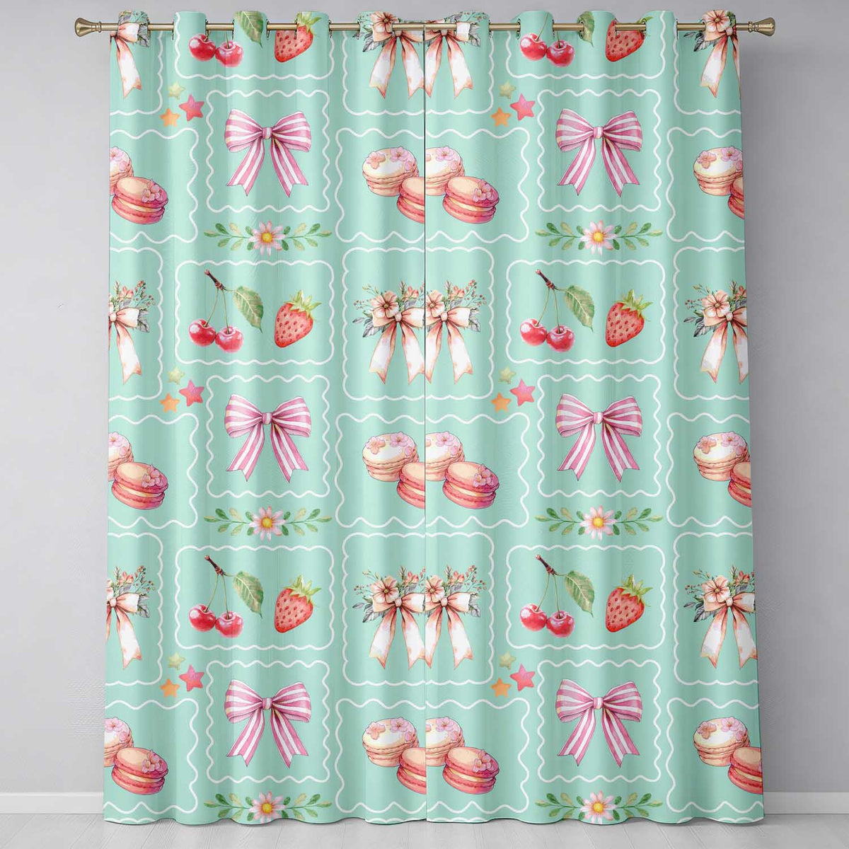 Strawberry Cherry Bow Seamless Teal Frame Coquette Design Readymade Eyelet Ring Top Thermal 100% Blackout Curtains
