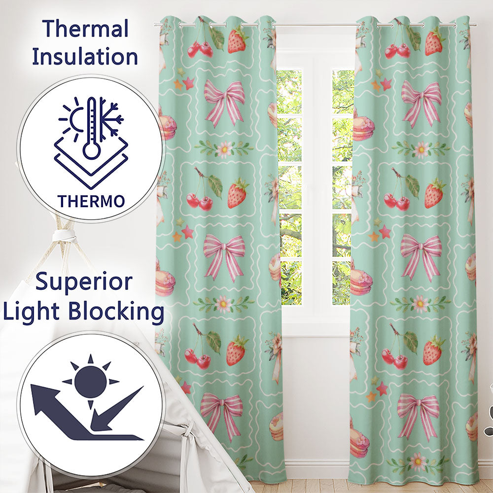 Strawberry Cherry Bow Seamless Teal Frame Coquette Design Readymade Eyelet Ring Top Thermal 100% Blackout Curtains